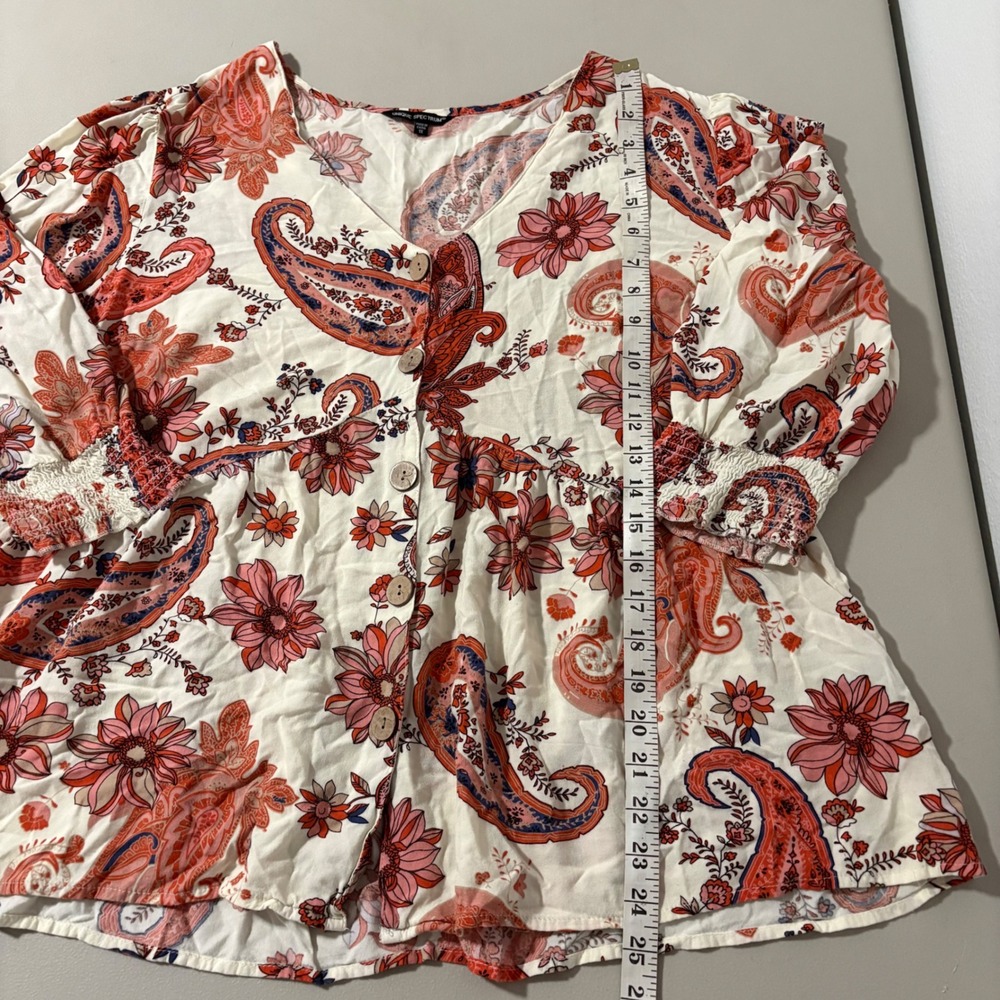 Unique Spectrum Paisley Floral Peplum Blouse 1X Ivory‎ Coral Rayon Button Front - Picture 5 of 10